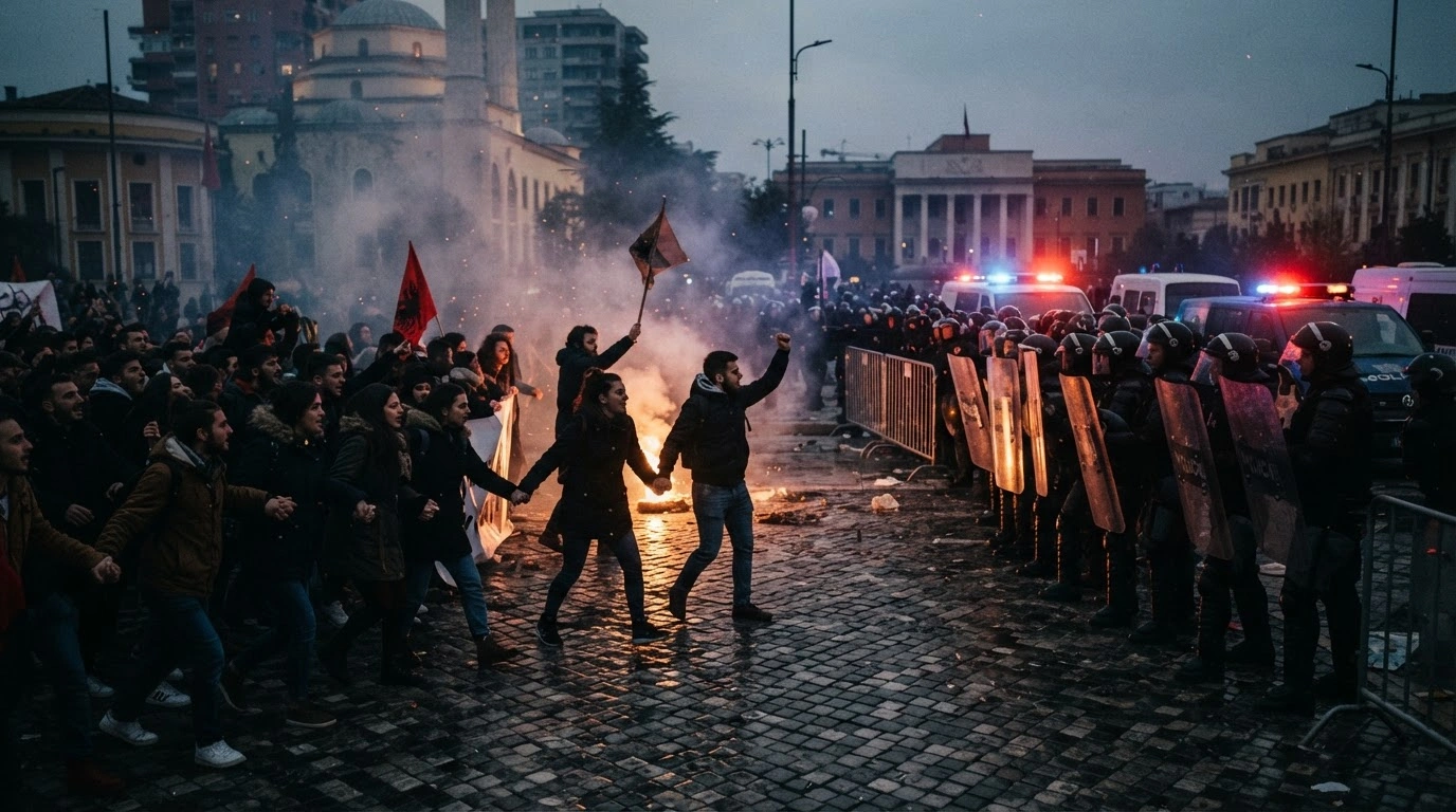 Students protest against the government in the streets of Tirana as they face off against riot police during a tense demonstration.