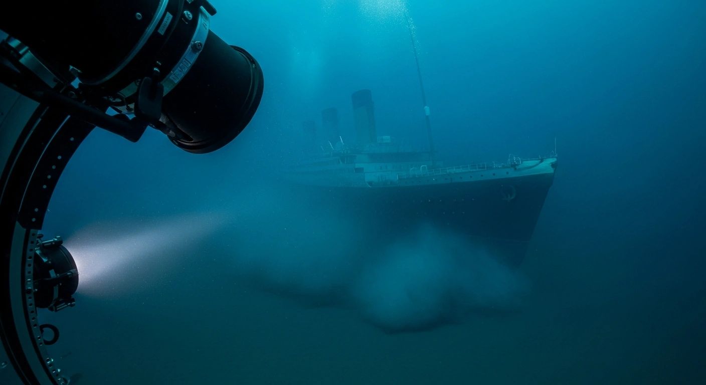 The dark, deep-sea wreckage of the Titanic rests on the ocean floor as seen during an underwater investigation into the Titan submersible implosion.