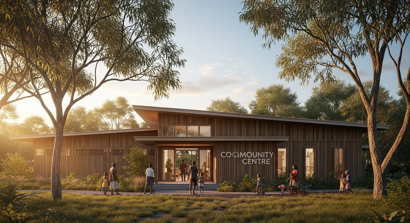 A modern community-run child and family centre stands in Wurrumiyanga on the Tiwi Islands, surrounded by local families and lush tropical vegetation.