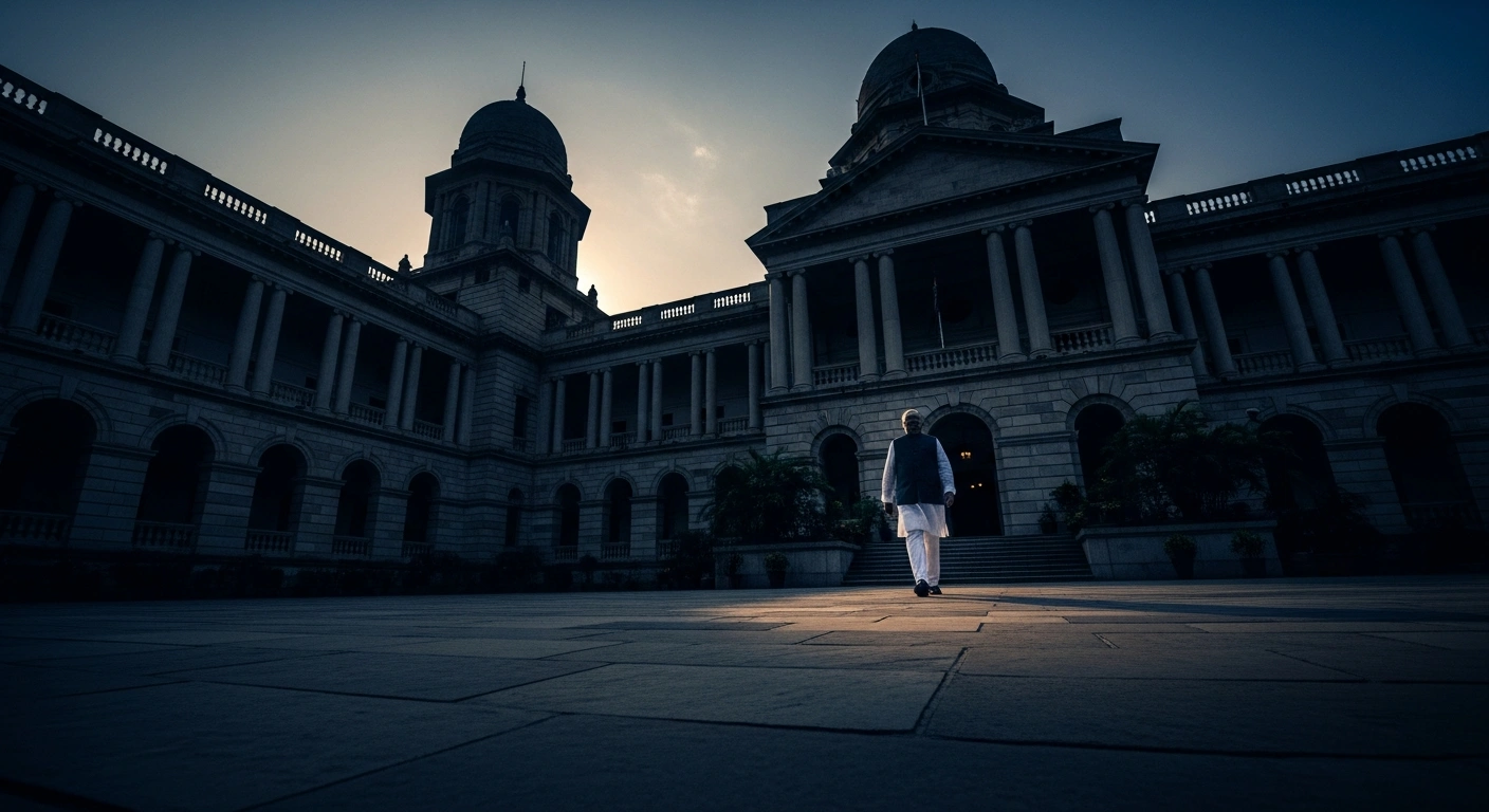 A lone politician walks away from a government building in West Bengal following the resignation of Rajya Sabha MP Prakash Chik Baraik from the Trinamool Congress.