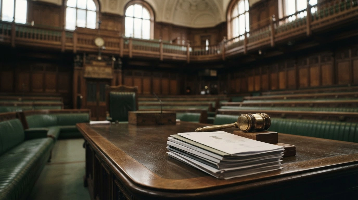 A stack of legal documents sits on a desk in the Indian Parliament chamber following the issuance of disqualification notices to Trinamool Congress members.