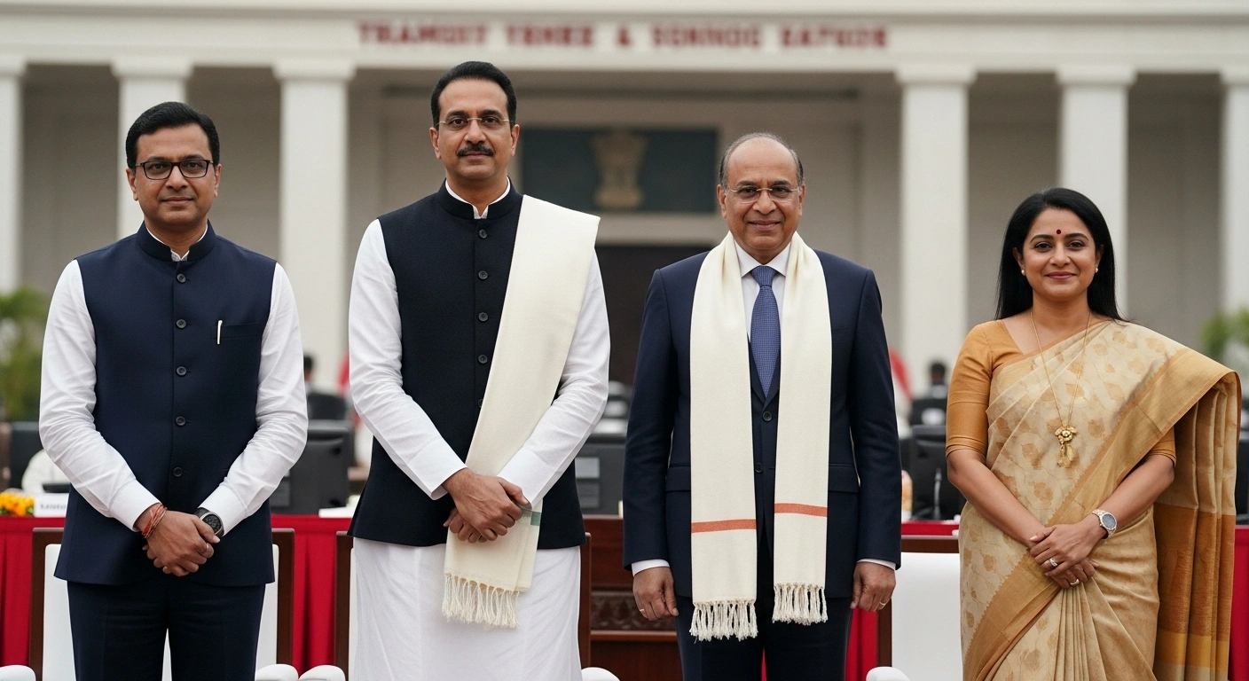 Four diverse individuals, representing State Minister Babul Supriyo, former West Bengal DGP Rajeev Kumar, Supreme Court lawyer Menaka Guruswamy, and actress Koel Mallick, stand united in a formal setting, symbolizing their nomination by the Trinamool Congress (TMC) for the upcoming Rajya Sabha elections in West Bengal.