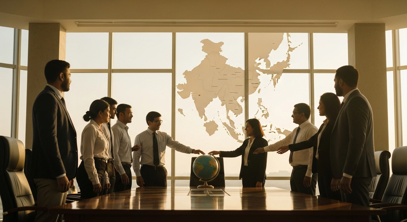 A diverse group of professionals gathers in a modern conference room to represent the integration of Bangladesh and Nepal into Toastmasters District 41.