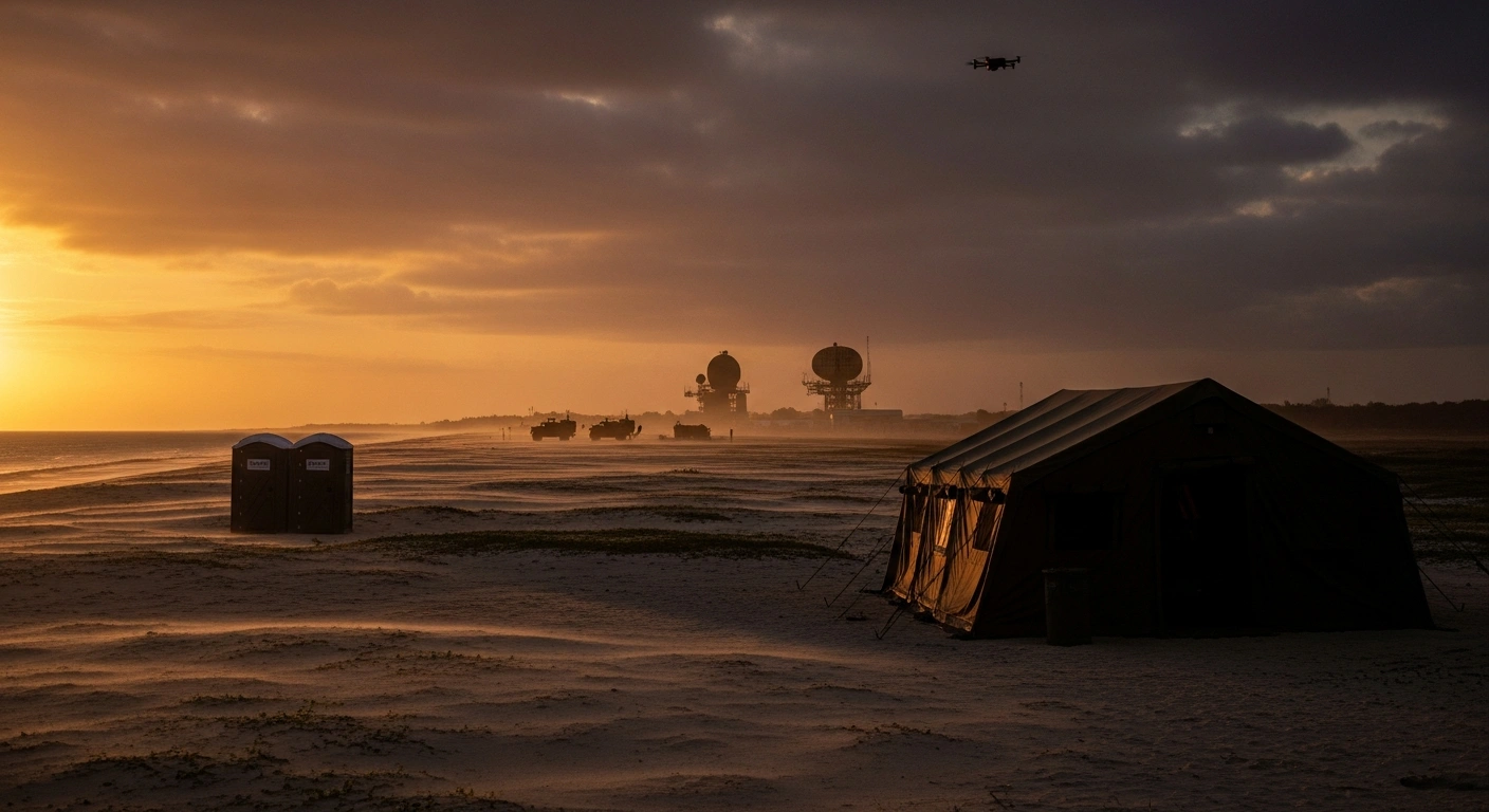 A wide-angle photograph at dusk shows a small military tent and porta-potties on a sandy Tobago beach, contrasting with advanced radar equipment and military vehicles visible near the ANR Robinson International Airport runway in the distance, symbolizing the downplayed US military presence and sparking controversy over national sovereignty.