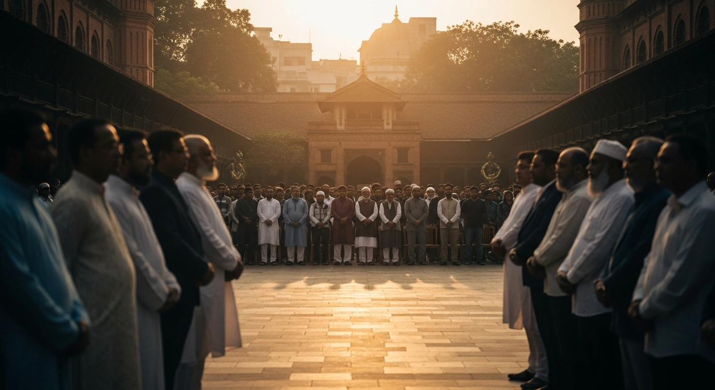 A large crowd of supporters and colleagues gathers for the funeral prayer of veteran Bangladeshi politician Tofail Ahmed in Dhanmondi, Dhaka.