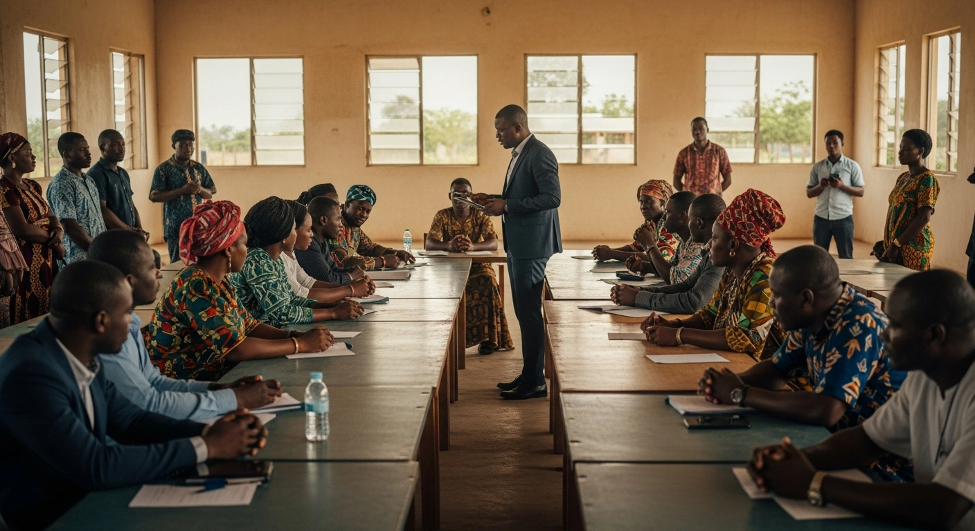 Togolese officials and local stakeholders participate in a public consultation meeting in the Central region to prepare for a national biometric registration drive.