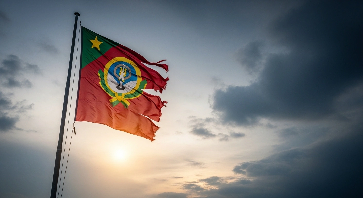 A tattered political banner, once vibrant but now frayed, is slowly lowered from a flagpole against a stormy twilight sky, depicting the dissolution of the Dynamique Monseigneur Kpodzro (DMK) political coalition by the Togolese government.