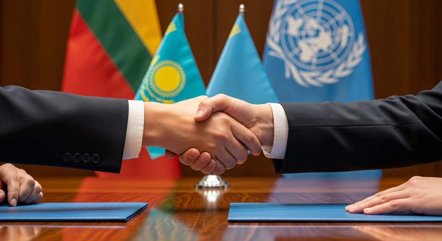 Two diplomats, representing Togo and Kazakhstan, are shaking hands after signing a reciprocal visa exemption agreement for diplomatic and service passport holders during the 80th UN General Assembly in New York, symbolizing strengthened bilateral cooperation.