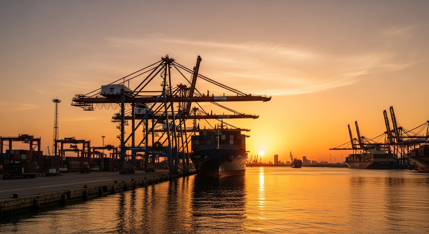 A wide, cinematic shot of the Autonomous Port of Lomé at sunset, showing towering gantry cranes actively loading container ships, symbolizing Togo's significant share of UEMOA transport service revenue as a regional logistics hub.
