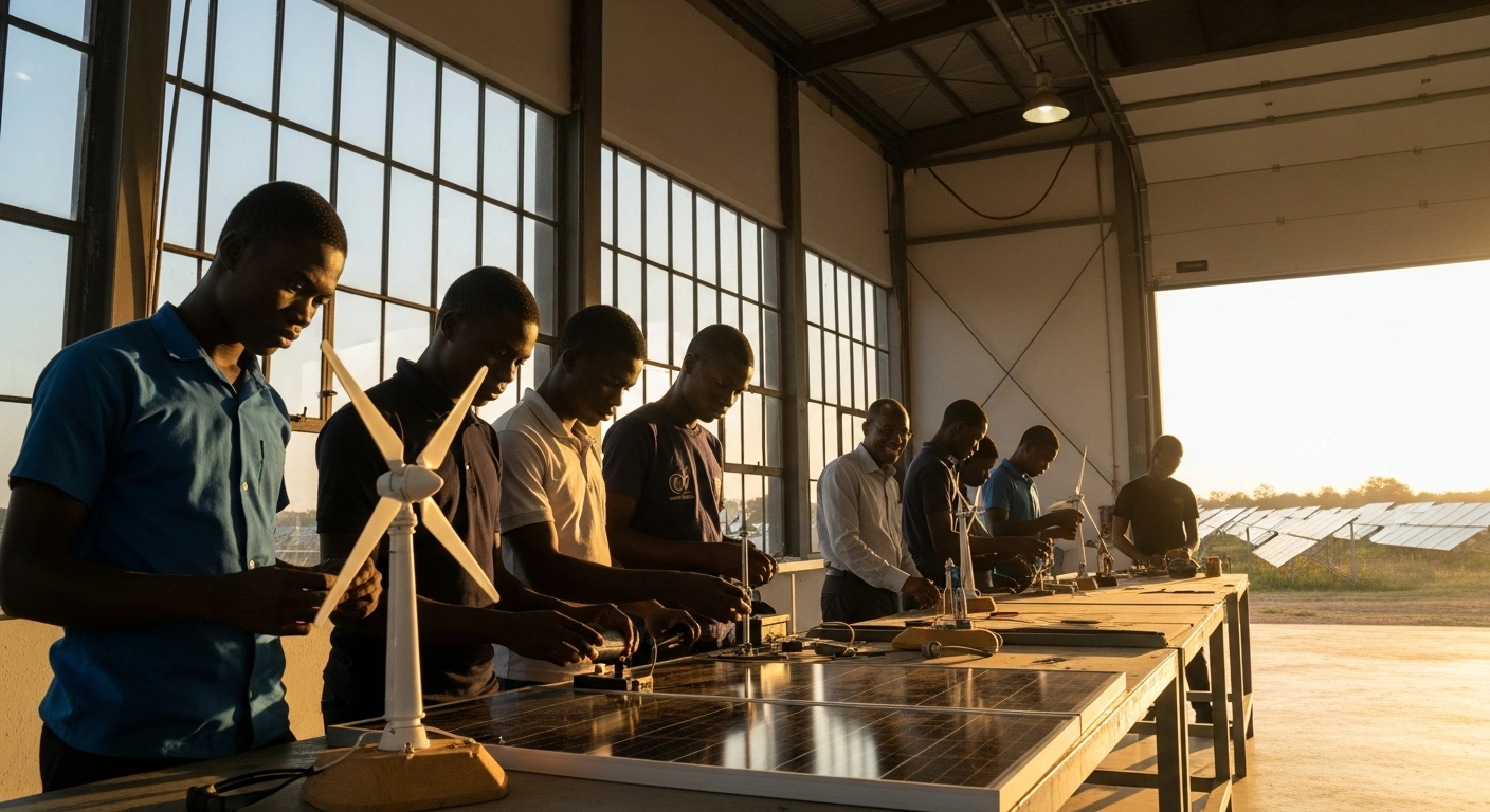 Young Togolese students are actively engaged in a sunlit workshop, learning hands-on with solar panels and wind turbine components, overseen by a mentor, symbolizing the partnership between Togo's Education Development Agency (AED) and the Synergy of Renewable Energy Actors (SAER) to train youth for the renewable energy sector.
