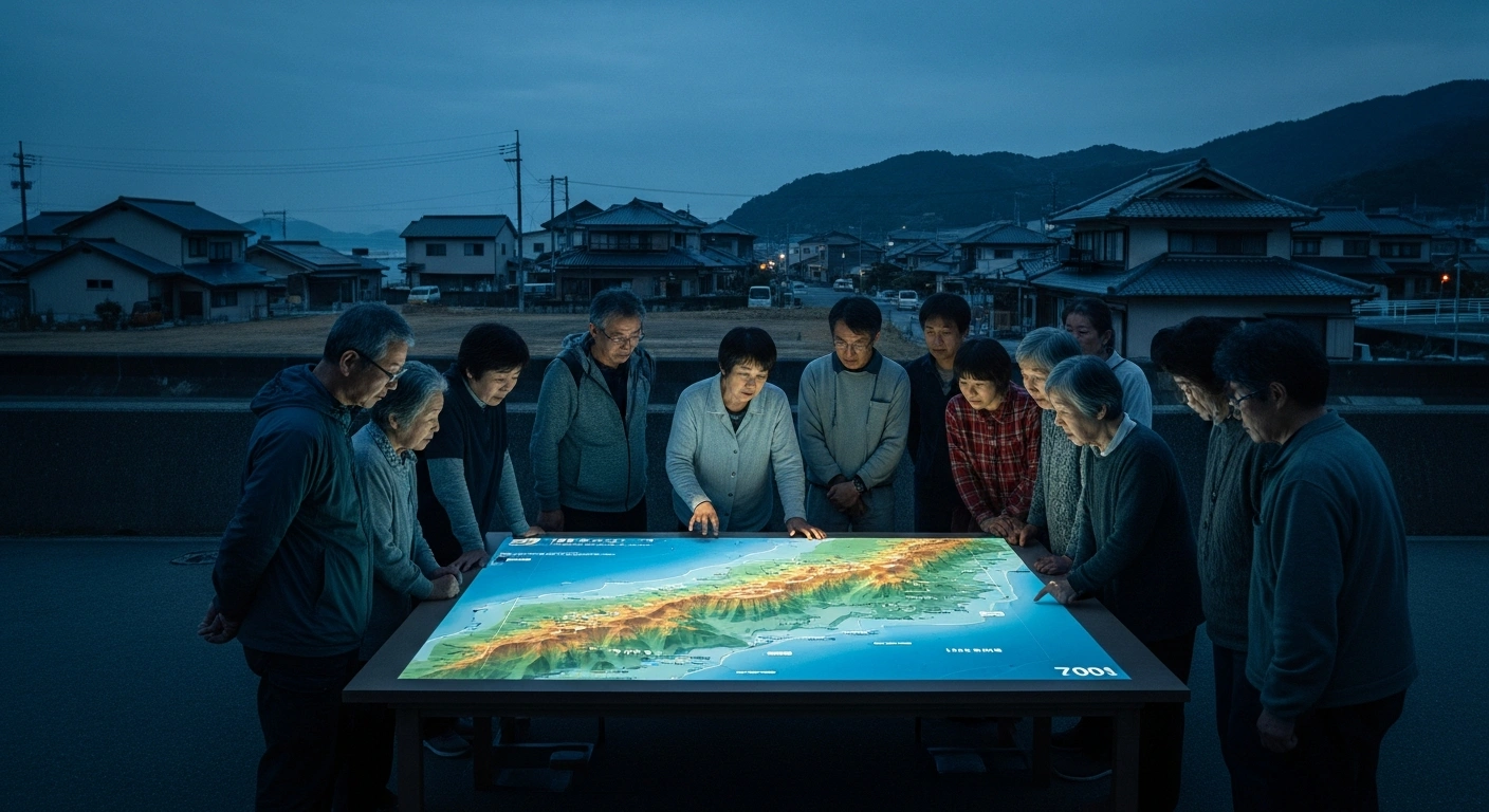 Local residents and officials in a Tohoku coastal town review updated evacuation protocols using advanced digital mapping technology to improve disaster preparedness.