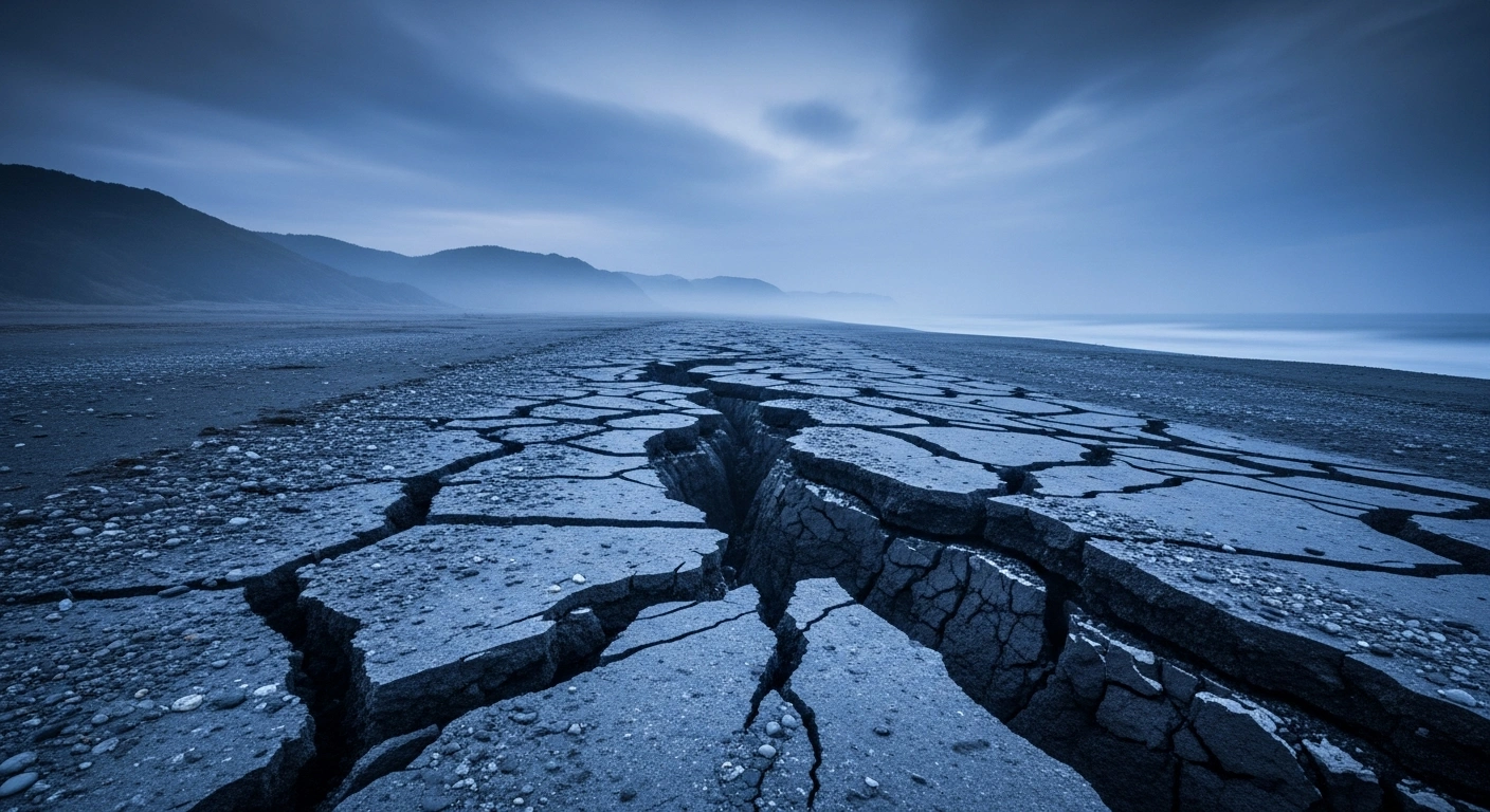 A cracked and shifted landscape in Japan illustrates the geological displacement caused by ScS seismic waves following the 2011 Tohoku earthquake.