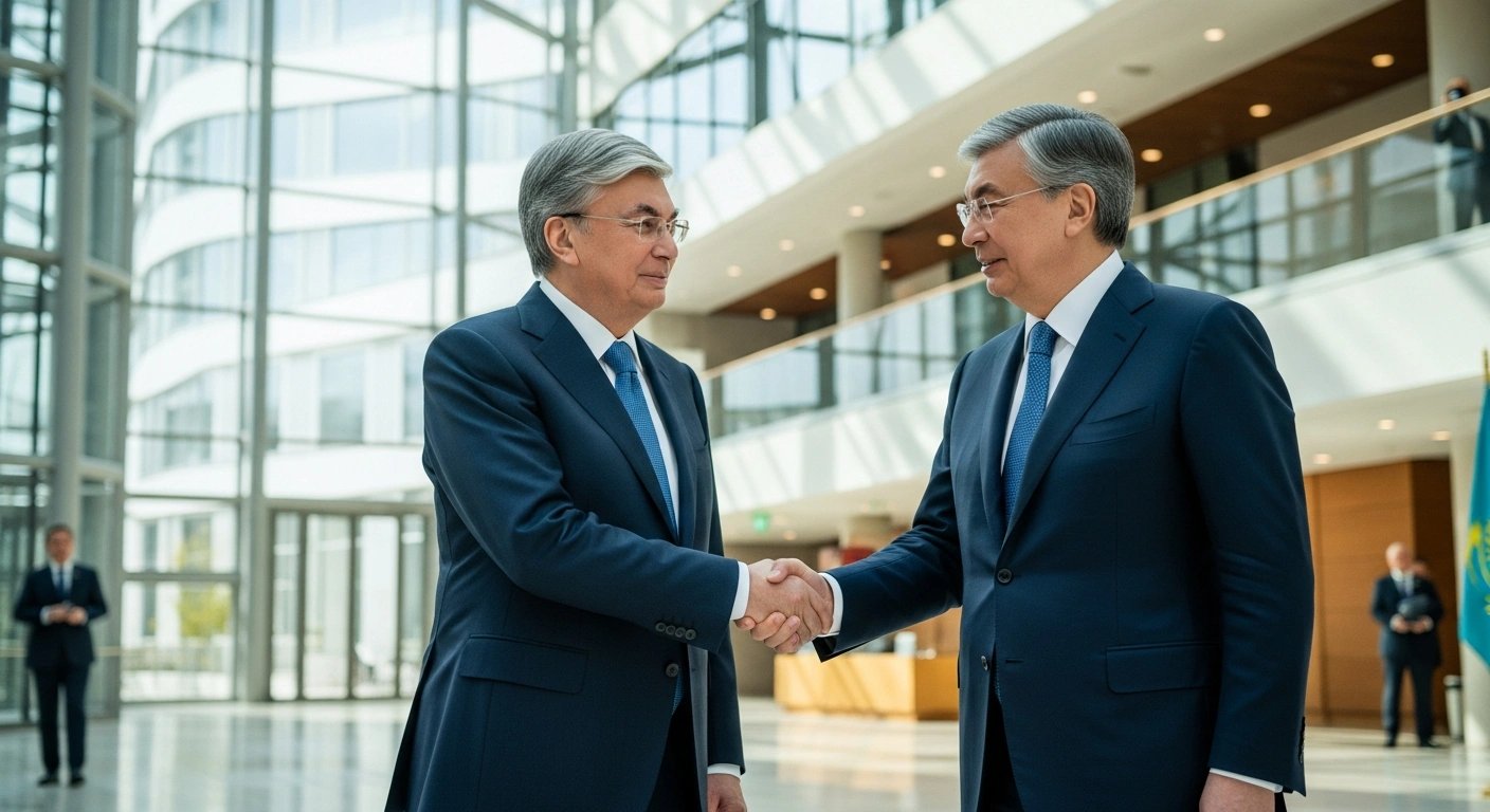 Kazakhstan President Kassym-Jomart Tokayev shakes hands with European Union leadership during a high-level diplomatic meeting in Brussels to discuss trade and strategic partnerships.