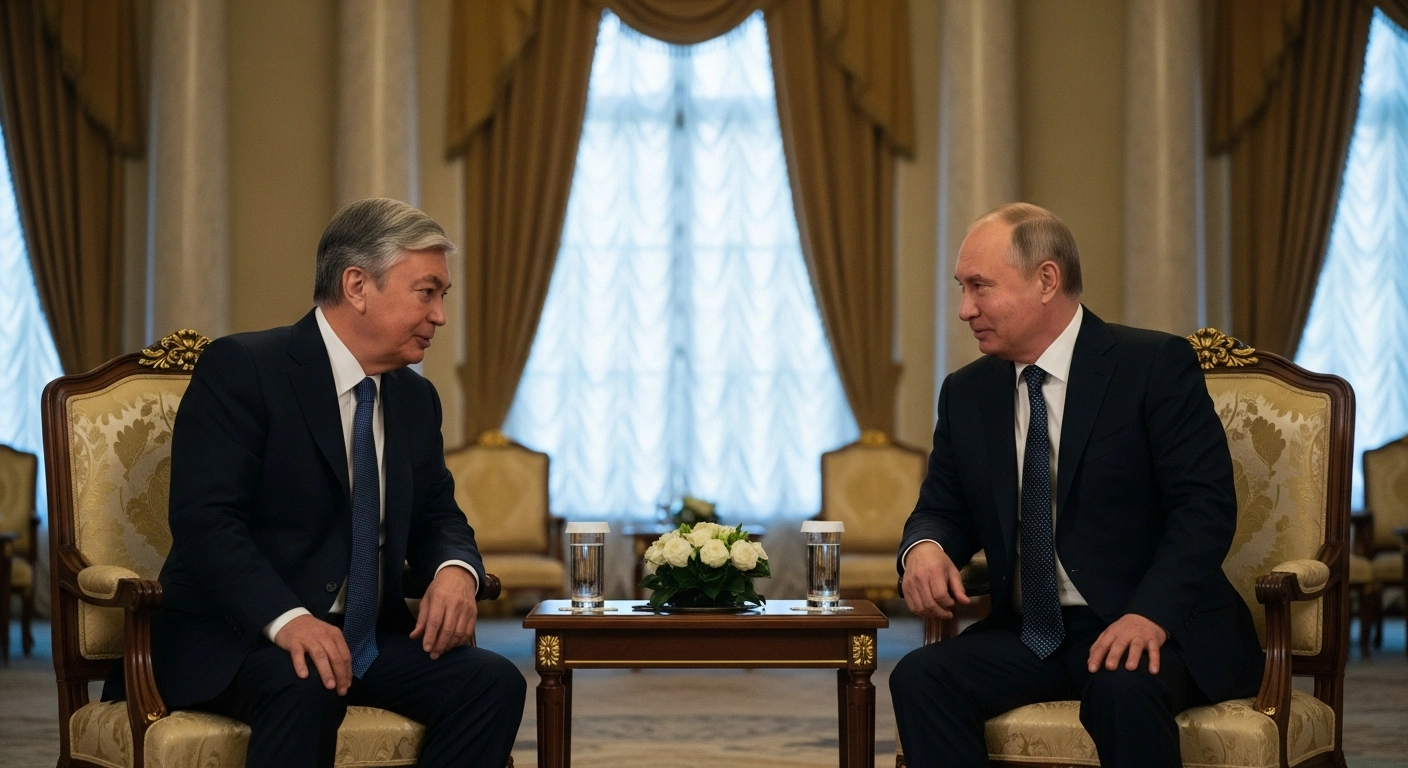 Kazakhstani President Kassym-Jomart Tokayev and Russian President Vladimir Putin sit in a grand hall to discuss bilateral relations and the conflict in Ukraine.