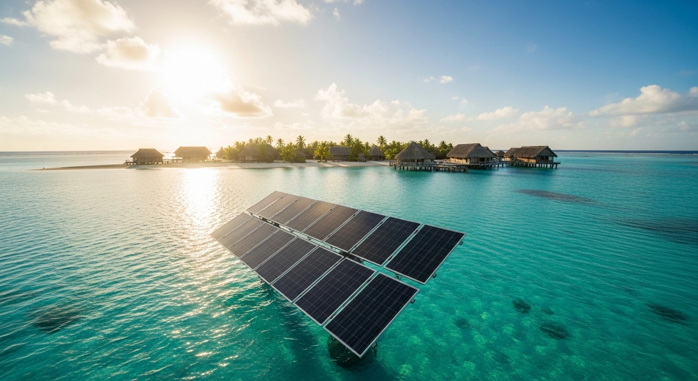 A modern solar energy installation sits on a tropical Tokelau island as the leader seeks international support for renewable energy transition.