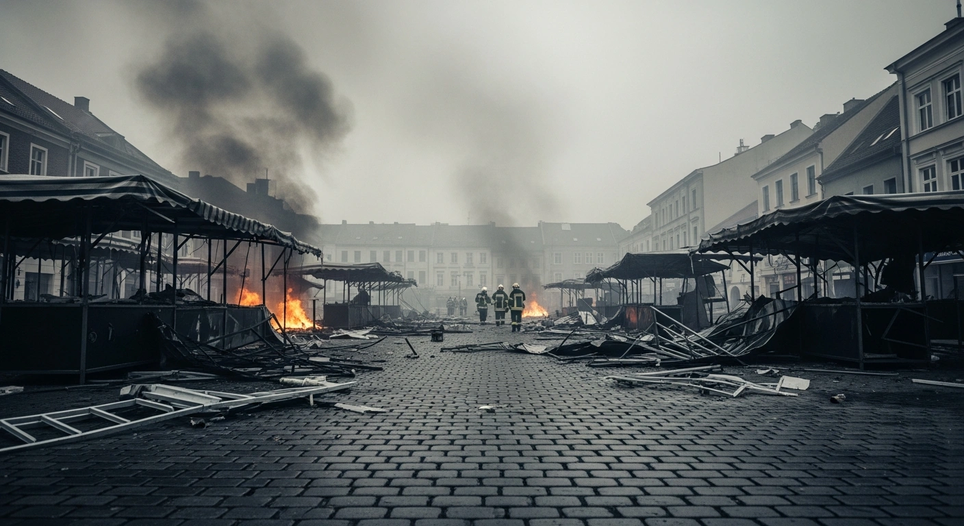 Emergency responders work through the debris of a destroyed market in Tokmak following a reported Ukrainian drone strike.