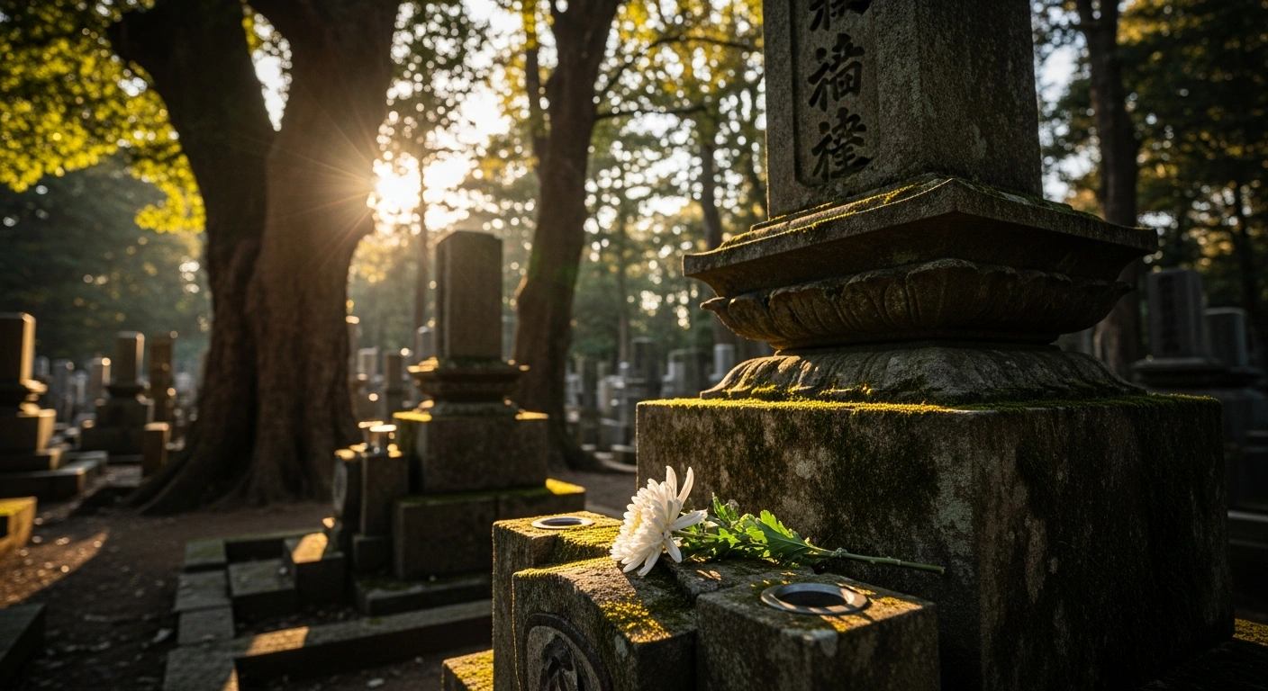 A weathered, ornate ancestral grave marker in Tokyo's Yanaka Cemetery is bathed in late afternoon sunlight, symbolizing the national trend of descendants, like those of Tokugawa Yoshinobu, closing traditional family plots in Japan due to maintenance costs and changing family structures.