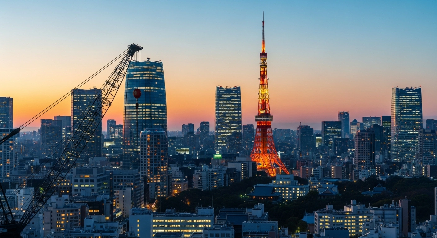 A wide-angle, twilight view of the Tokyo skyline, featuring the illuminated Tokyo Tower amidst glowing skyscrapers, visually representing the Tokyo Metropolitan Government's proposed accommodation tax reform to a 3% fixed rate by fiscal 2027, intended to boost tourism revenue and infrastructure.