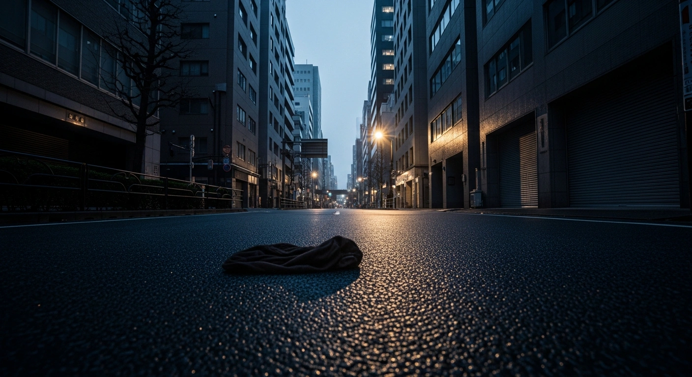 A deserted street in Tokyo's Akasaka district at pre-dawn, illuminated by a streetlamp, with a discarded dark fabric object in the foreground, visually representing the aftermath of a stabbing incident where a woman was seriously injured and an attacker fled, leading to a police manhunt.