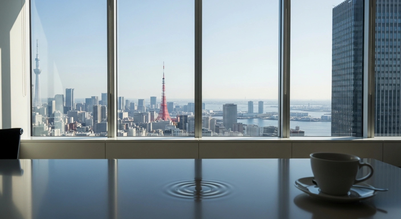 A subtle ripple in a coffee cup on a polished desk inside a modern Tokyo high-rise office building, overlooking the city and Tokyo Bay, visually represents a mild magnitude 4.0 earthquake that struck on November 21, 2025, causing no significant damage or disruption.