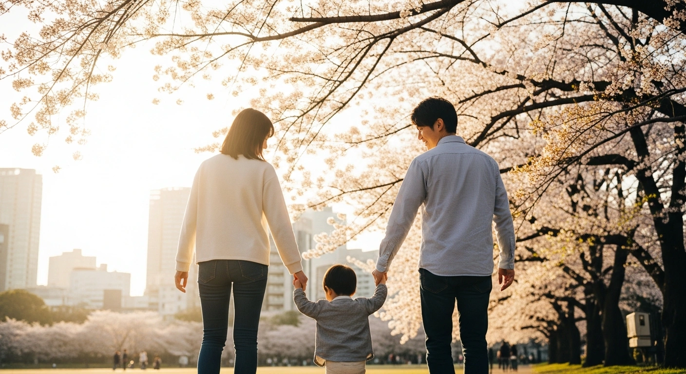 A young family walks through a sunny Tokyo park, representing the first year-on-year increase in births in the Japanese capital in a decade.
