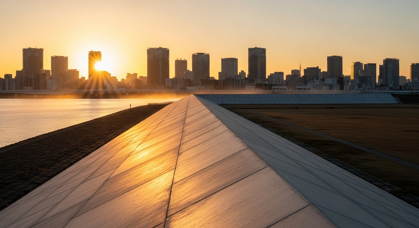 A wide, cinematic shot of Tokyo's iconic skyline at golden hour, featuring a newly constructed concrete coastal barrier or river levee in the foreground, symbolizing climate resilience and protection for the city's residents, financed by a landmark bond.