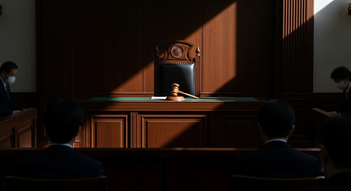 A dramatic, low-angle shot of a heavy wooden gavel resting on a polished bench in a Japanese high court, illuminated by a stark beam of light, symbolizing the impending ruling on the Unification Church's appeal against a dissolution order for manipulative fundraising practices, following public scrutiny after Shinzo Abe's assassination.