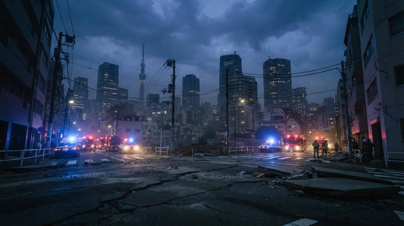 Emergency vehicles respond to infrastructure damage in Tokyo following a 5.9 magnitude earthquake in eastern Japan.