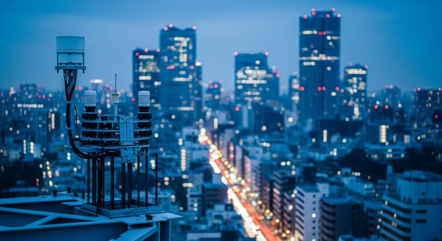 A modern seismic sensor array stands in front of the Tokyo skyline as part of the Japanese government's updated disaster management and earthquake preparedness strategy.