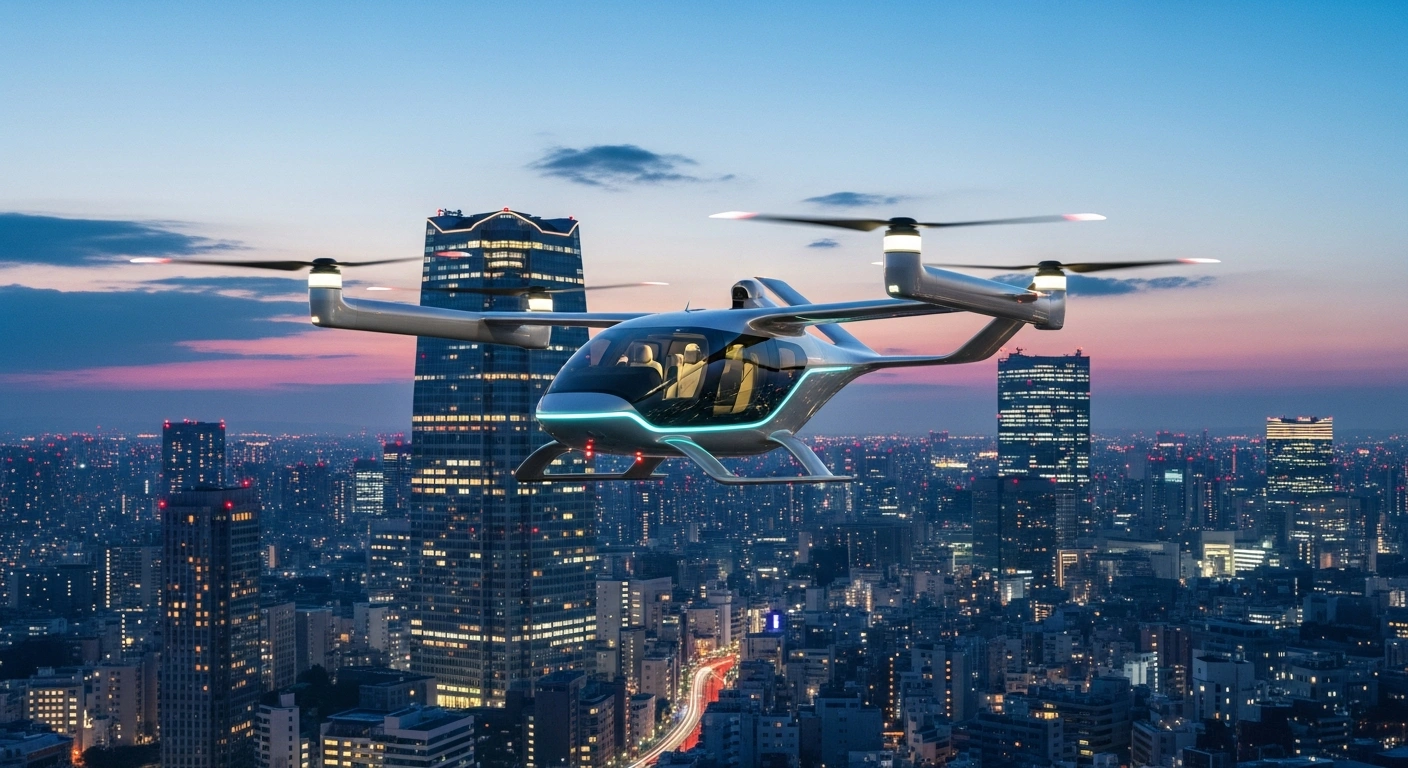 A sleek, futuristic electric vertical take-off and landing (eVTOL) aircraft hovers above a modern Tokyo cityscape at dusk, symbolizing the binding order placed by AirX Holdings with Eve Air Mobility for up to 50 eVTOLs to advance sustainable urban air mobility in Japan, with initial deliveries anticipated in 2029.
