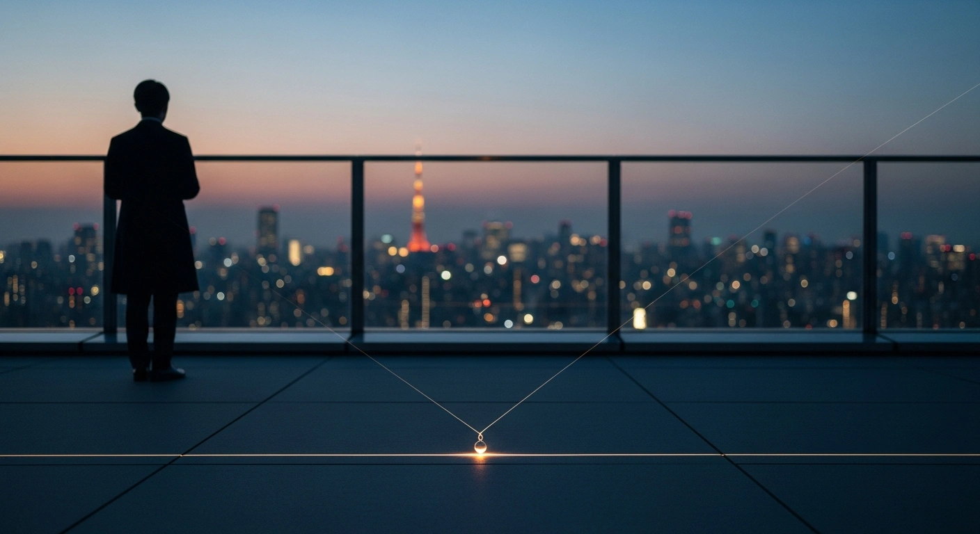 A solitary figure on a modern balcony overlooks a glowing Tokyo cityscape at dusk, contemplating a delicate balance scale where a small weight, representing Tokyo's core inflation, has dipped below the Bank of Japan's 2% target, influenced by government subsidies, as the BOJ considers interest rate hikes.
