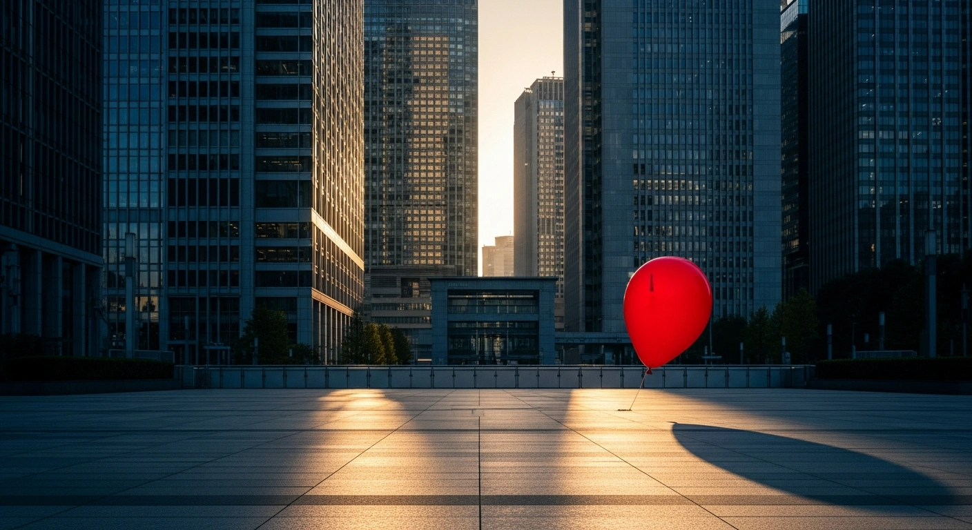 A slightly deflated red balloon, symbolizing Tokyo's core consumer inflation, floats above a modern financial district at dusk, indicating the easing of inflation while still remaining above the Bank of Japan's target, suggesting future interest rate increases.
