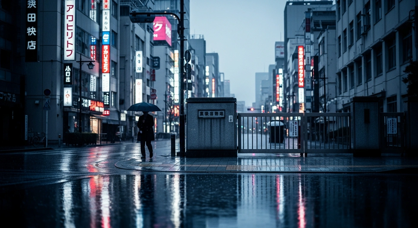 A dimly lit, rain-slicked Tokyo street at dusk, showing a lone figure with an umbrella walking past a closed school gate, reflecting the quiet caution following the Tokyo metropolitan government's reissued influenza advisory on January 29, 2026, after 17 years, due to over 6,000 suspected outbreaks in schools and facilities.