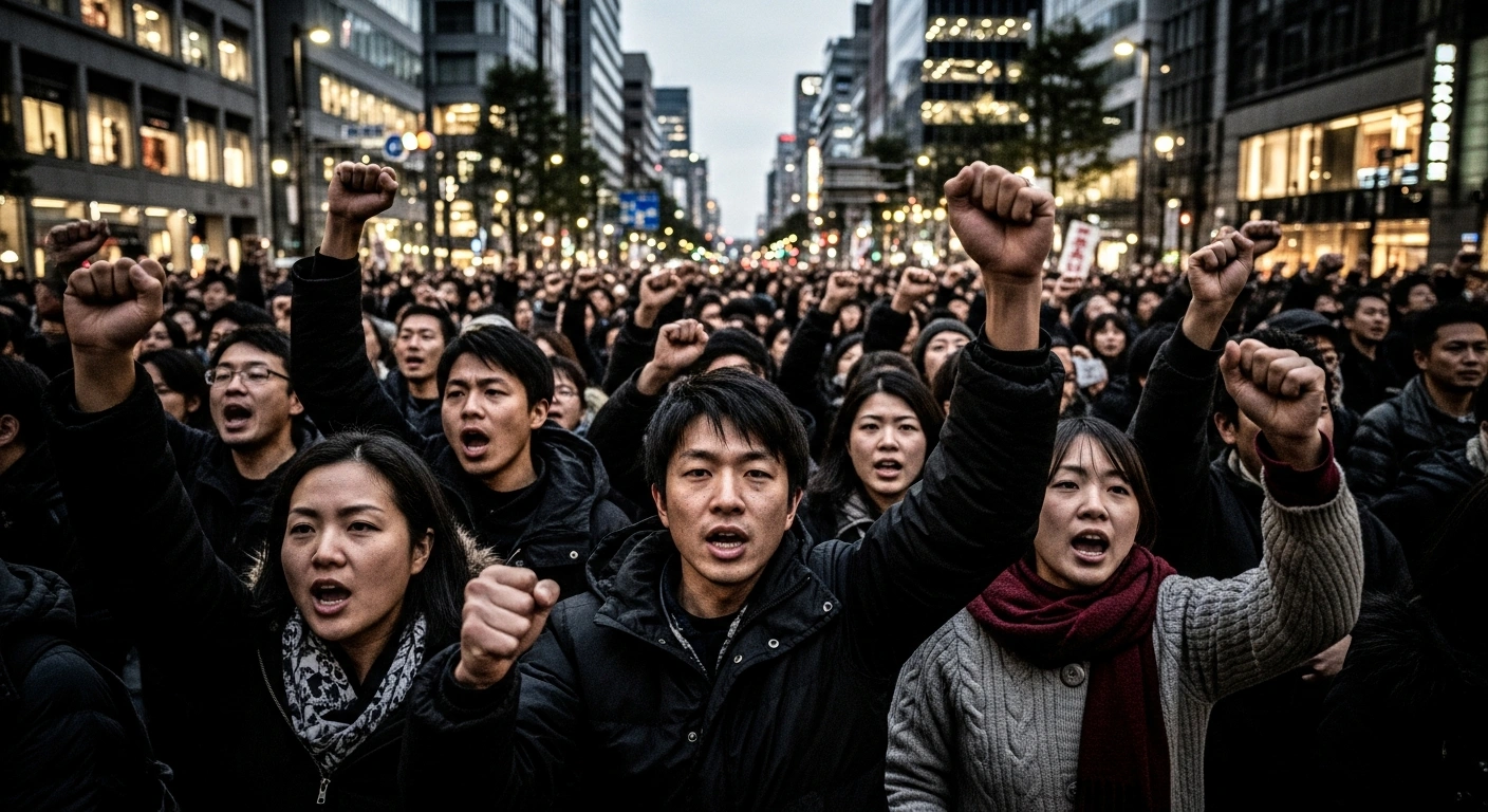 A low-angle, wide shot captures a dense crowd of Japanese residents protesting in a Tokyo street at dusk, calling for Prime Minister Sanae Takaichi's resignation following her controversial remarks about potential military involvement in a Taiwan contingency.