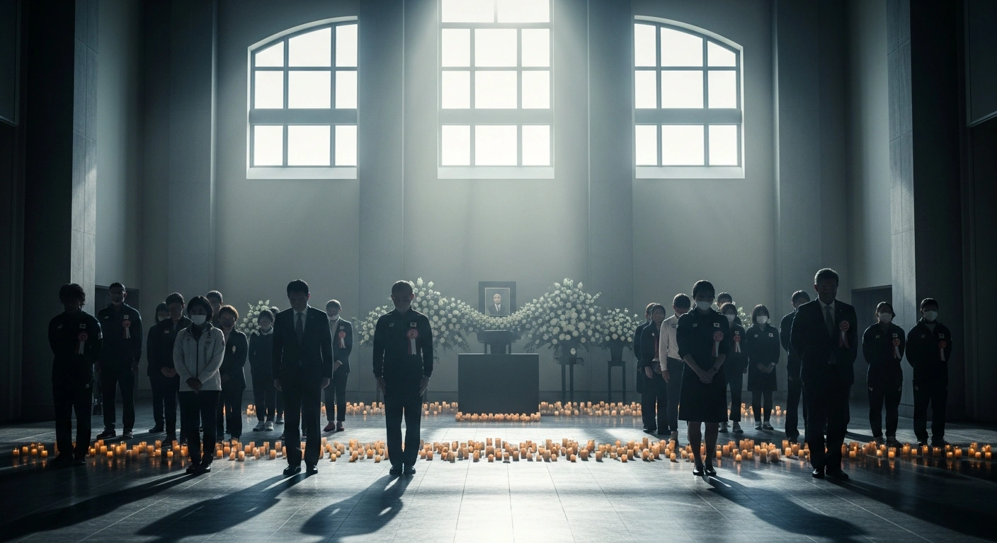 Japanese government officials and professional athletes stand in a solemn memorial ceremony in Tokyo to honor the victims of the earthquakes in Venezuela.