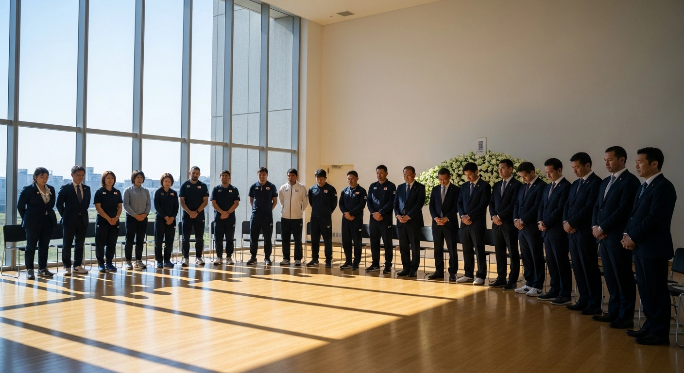 Japanese government officials and professional athletes stand together in a Tokyo hall during a memorial service for victims of the Venezuela earthquakes.
