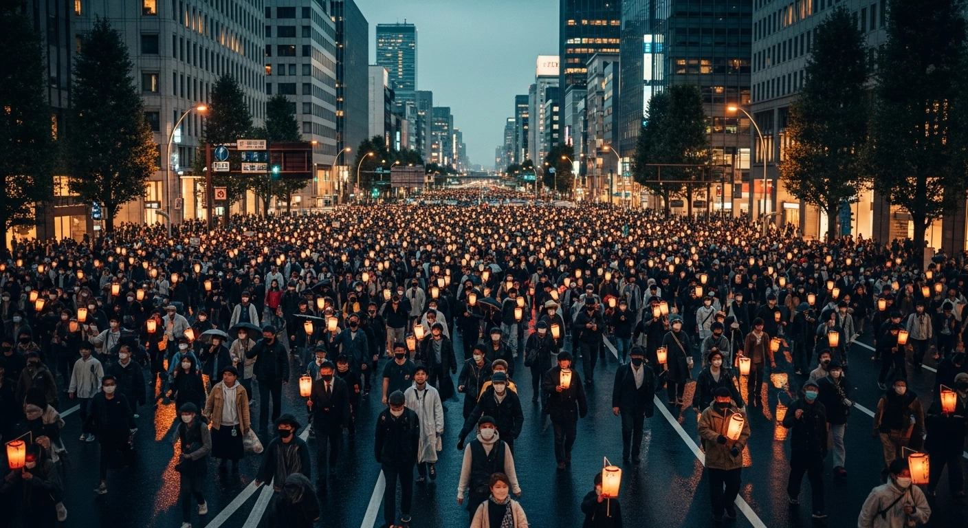 Thousands of demonstrators march through the streets of Tokyo to protest against recent changes to Japanese military policy.