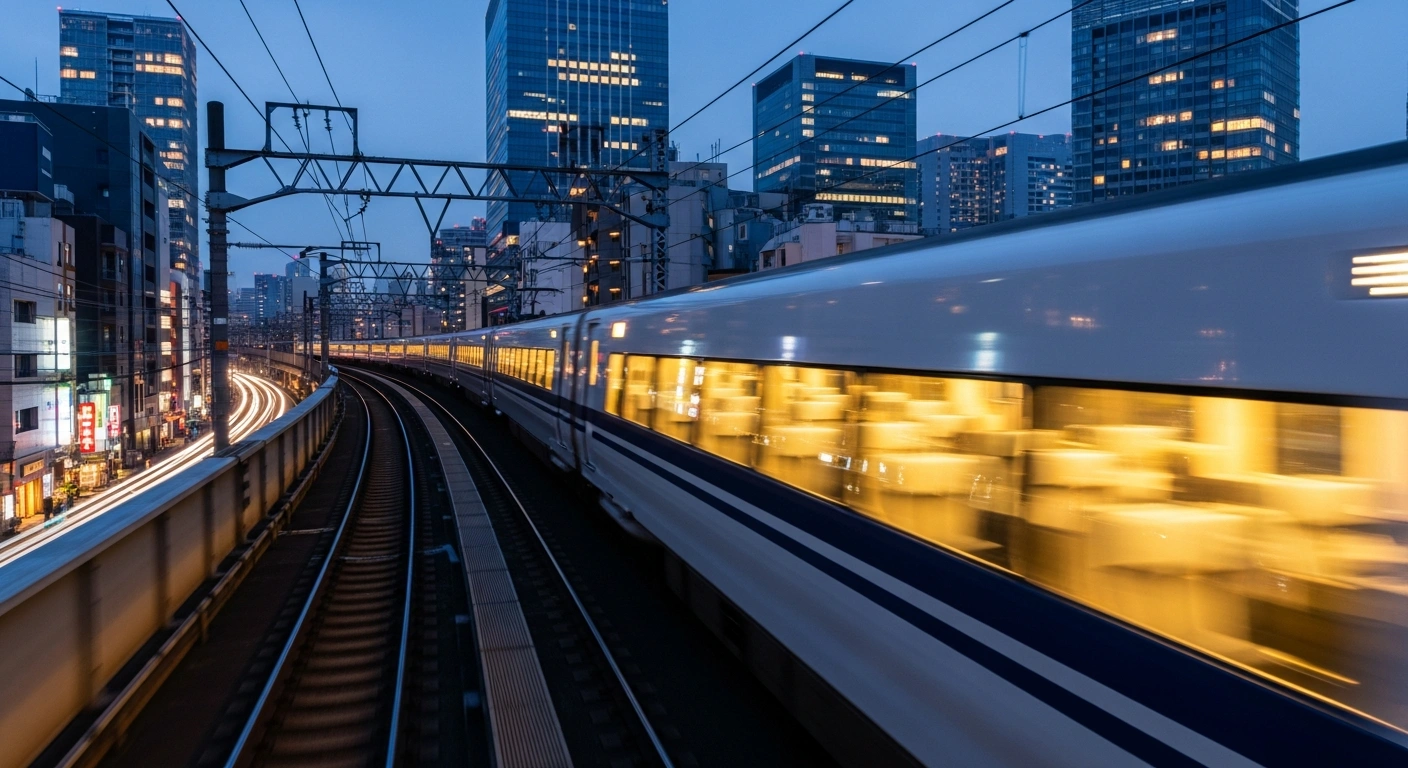 A high-speed train travels through the Tokyo metropolitan area toward Narita International Airport as part of a major rail capacity expansion project.