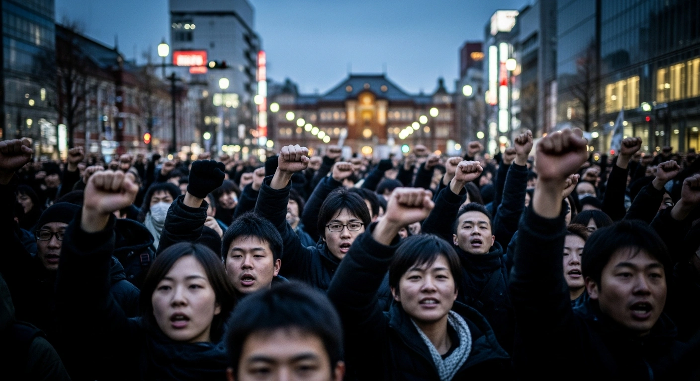 Hundreds of Japanese residents are shown protesting in a densely packed Tokyo street at dusk, demanding the resignation of Prime Minister Sanae Takaichi over her statements regarding Taiwan and the potential intervention of Japan's Self-Defense Forces.