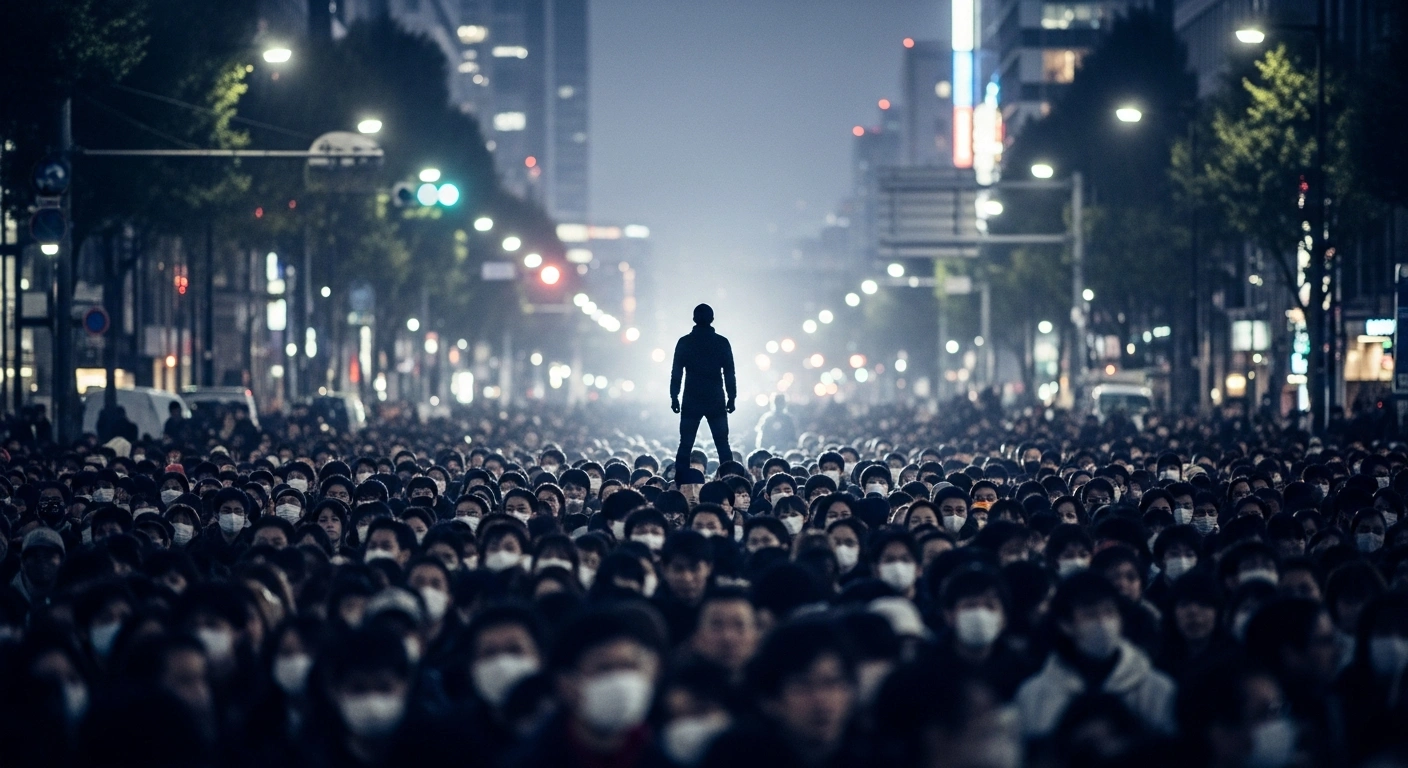 Hundreds of protestors are gathered in Tokyo at night, illuminated by streetlights, demonstrating against Prime Minister Sanae Takaichi's statements on potential Japanese military intervention in Taiwan, which critics argue heighten regional tensions.