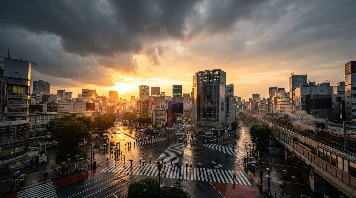 The sun rises over the Tokyo skyline, illuminating wet city streets after a record-breaking period of rain.