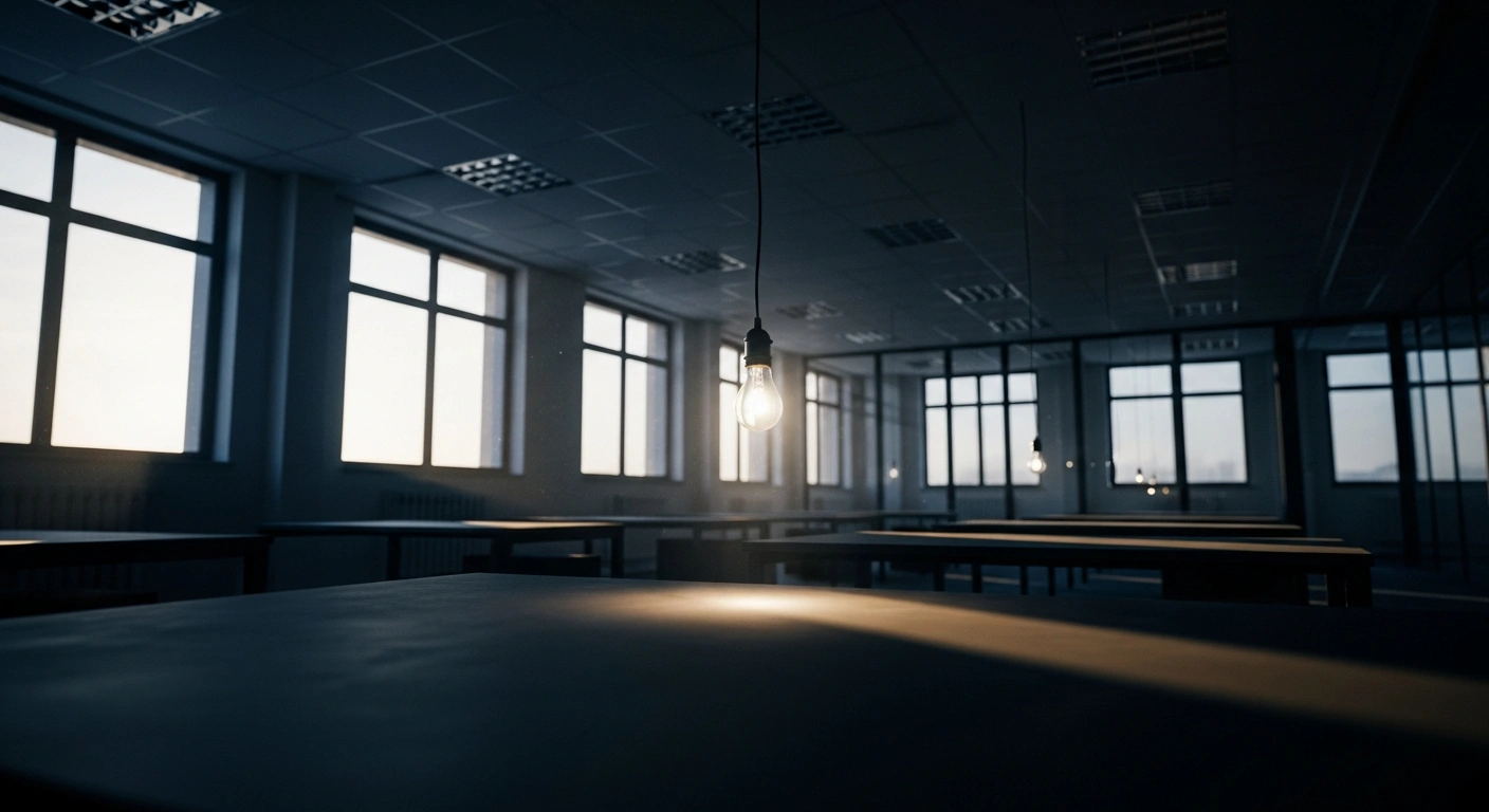 A wide, low-angle shot of a deserted, modern office space, dimly lit by the fading light of late afternoon, with a single glowing light bulb hanging precariously over an empty desk. This image illustrates the situation where UK energy supplier Tomato Energy ceased trading, impacting 23,700 customers, and Ofgem activated its 'Supplier of Last Resort' mechanism to ensure continuous supply and protect customer credit balances.
