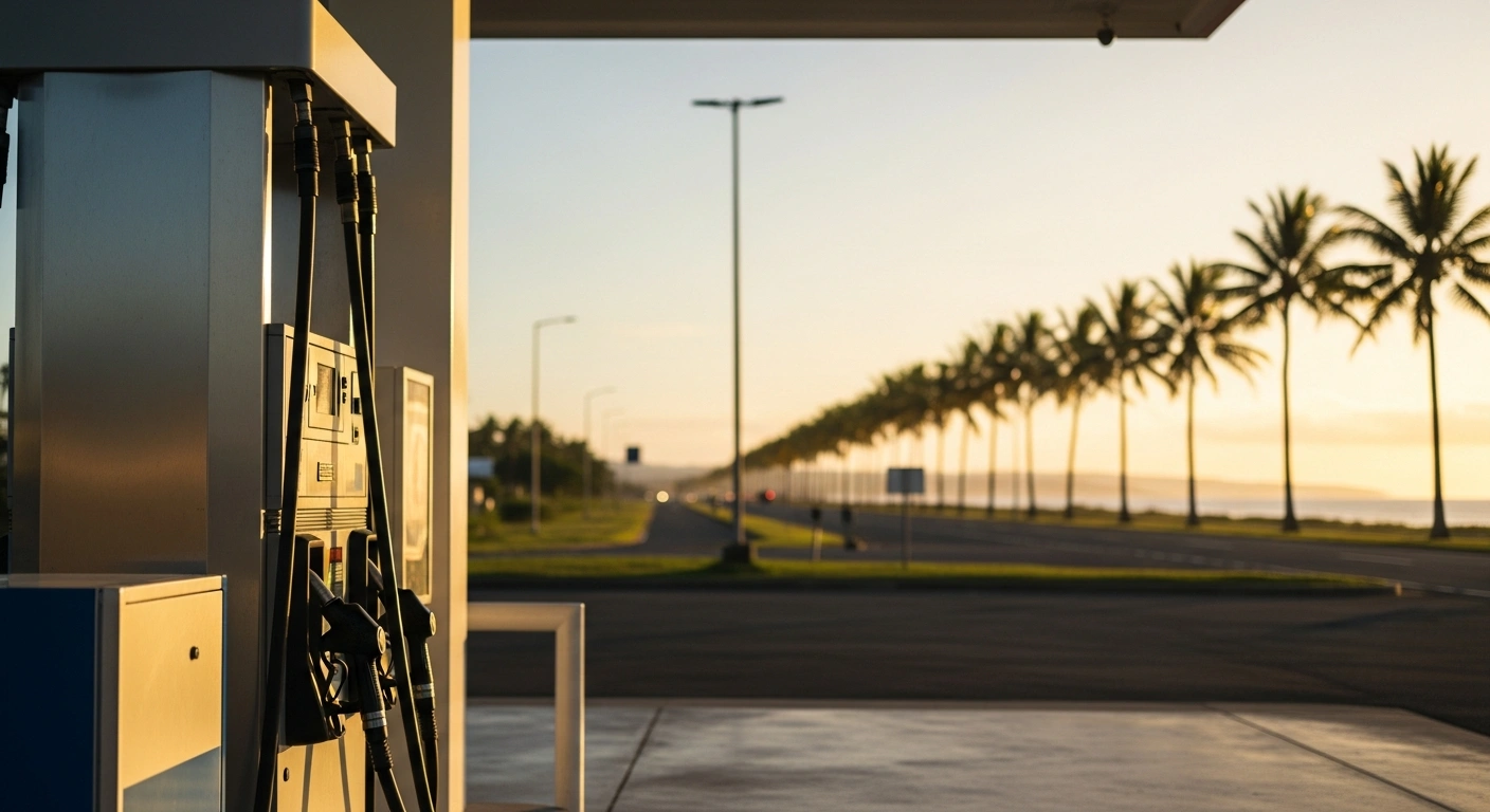 A modern petrol station in Tonga stands under a bright sky, representing the downward adjustment in local petroleum prices.