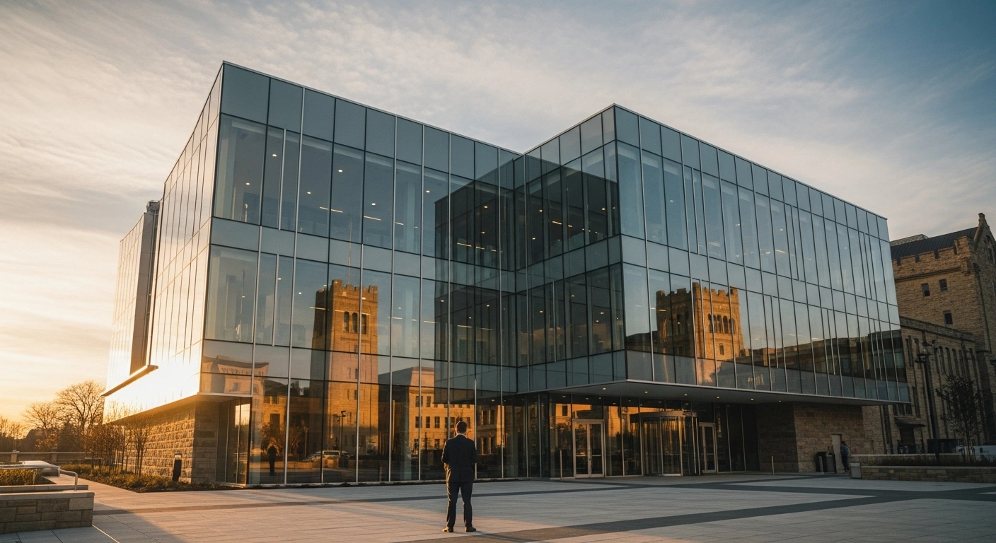 Tony Guillan stands before the modern architecture of The Light cultural venue in Durham City as it prepares for its summer opening.