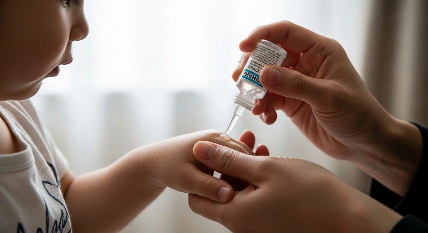 A close-up shows an adult's hand gently applying a clear topical solution from a small bottle to the delicate hand of a young child, representing the launch of Torii Pharmaceutical's YCANTH® for treating molluscum contagiosum in Japan.