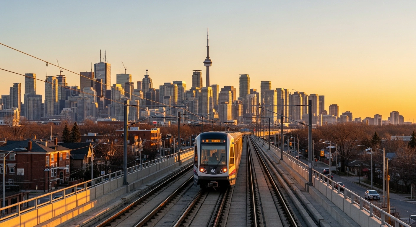 A modern Finch West Light Rail Transit (LRT) train, part of Toronto's new Line 6, glides along its tracks at dusk, connecting Finch West Station towards Humber College, symbolizing the expansion of the city's public transportation network that commenced service in 2025.