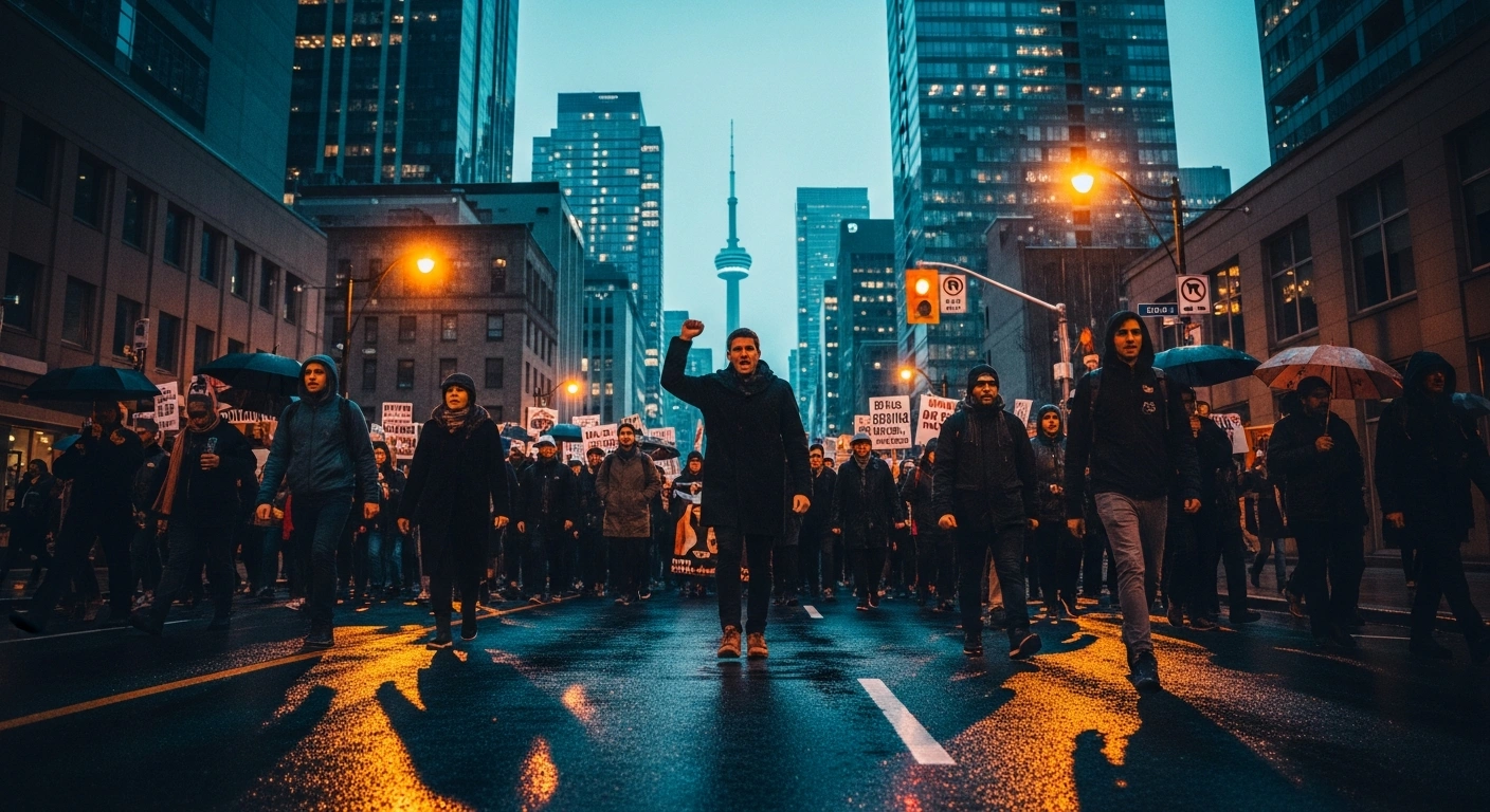 A diverse group of people marches through downtown Toronto to advocate for gender equality and social justice during an International Women's Day event.