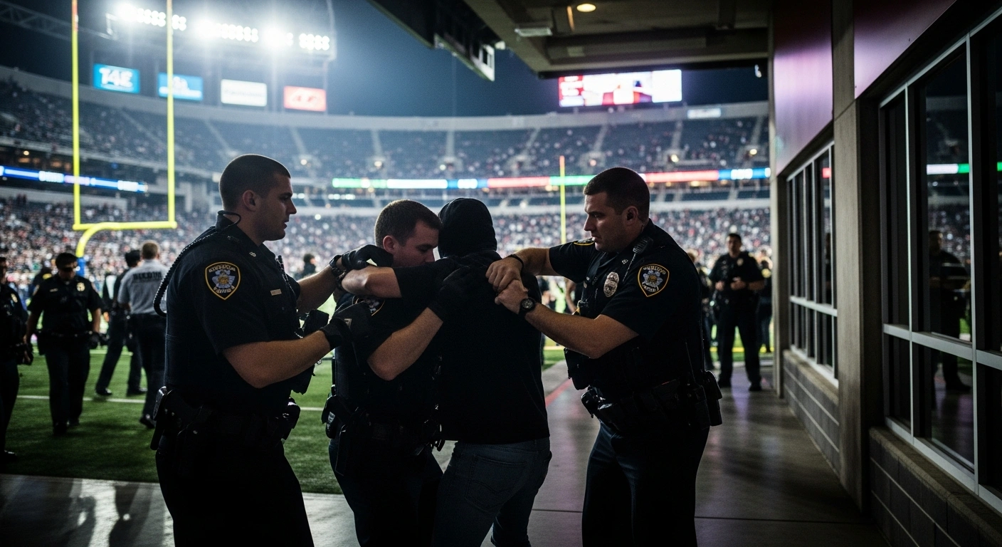 Police officers take two individuals into custody following an altercation at a stadium during a FIFA World Cup match in Toronto.