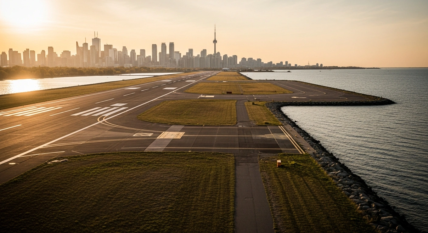 A wide-angle view of the Toronto waterfront showing the Billy Bishop Airport runway and adjacent vacant land under a sunset sky.