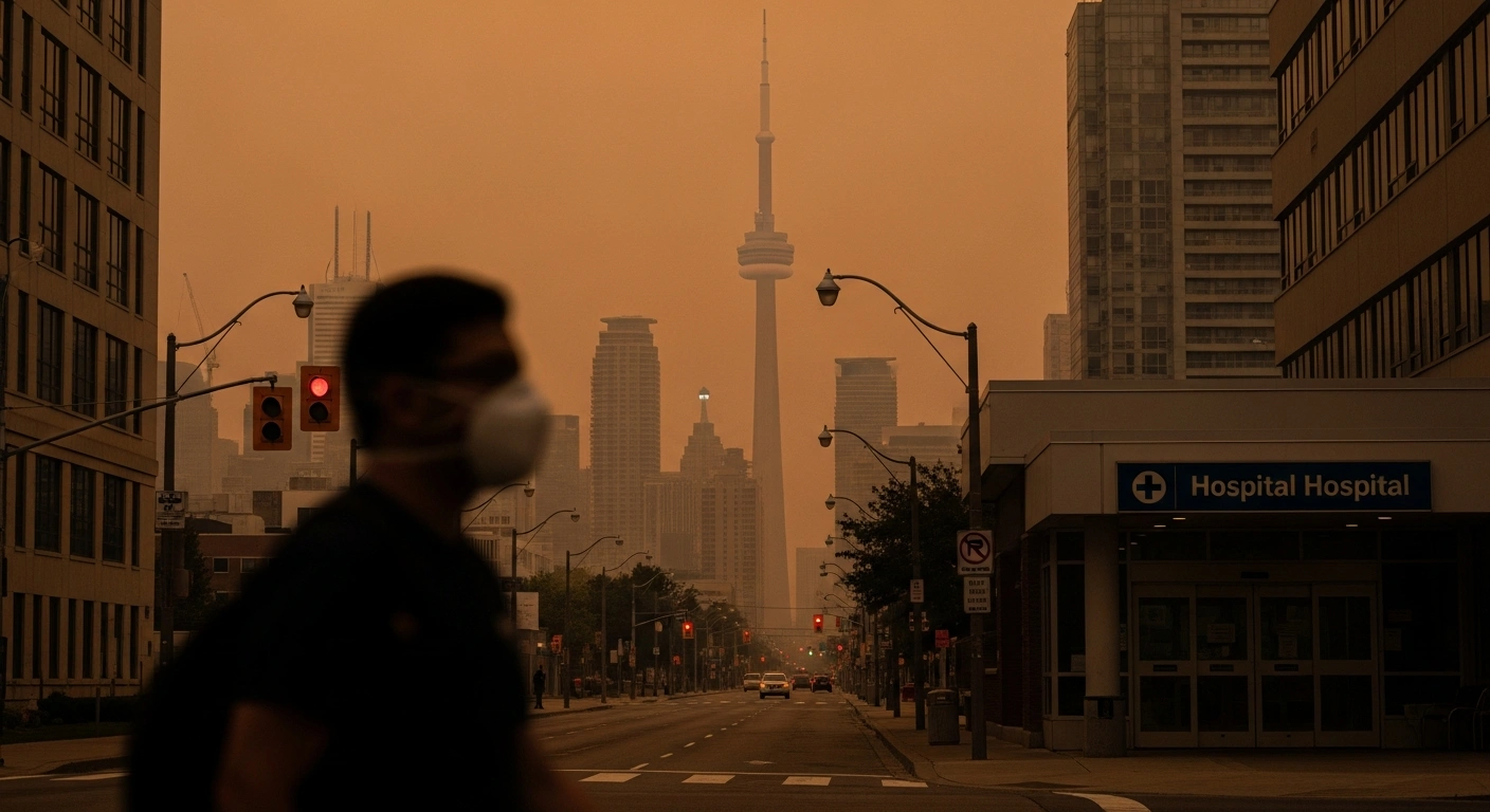 The Toronto skyline is obscured by thick wildfire smoke while a person wearing a mask walks near a hospital during an air quality alert.